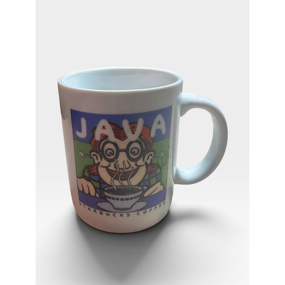 Starbucks Java Coffee Mug Vintage Retro Cartoon Graphic White Ceramic Cup